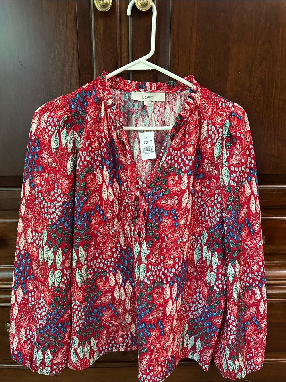 NWT LOFT Bohemian Red Multi-Print Long-Sleeve Tie-Neck Blouse